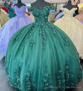 Green Quinceanera Dresses 3D Flower Applique Vestidos De 15 Anos